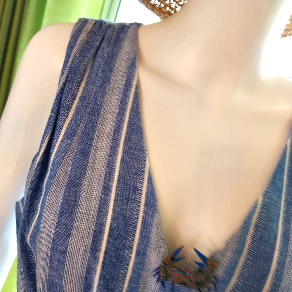 Calvin Klein Striped Linen & Rayon Jumpsuit in a Denim Blue & White. - Picture 13 of 16